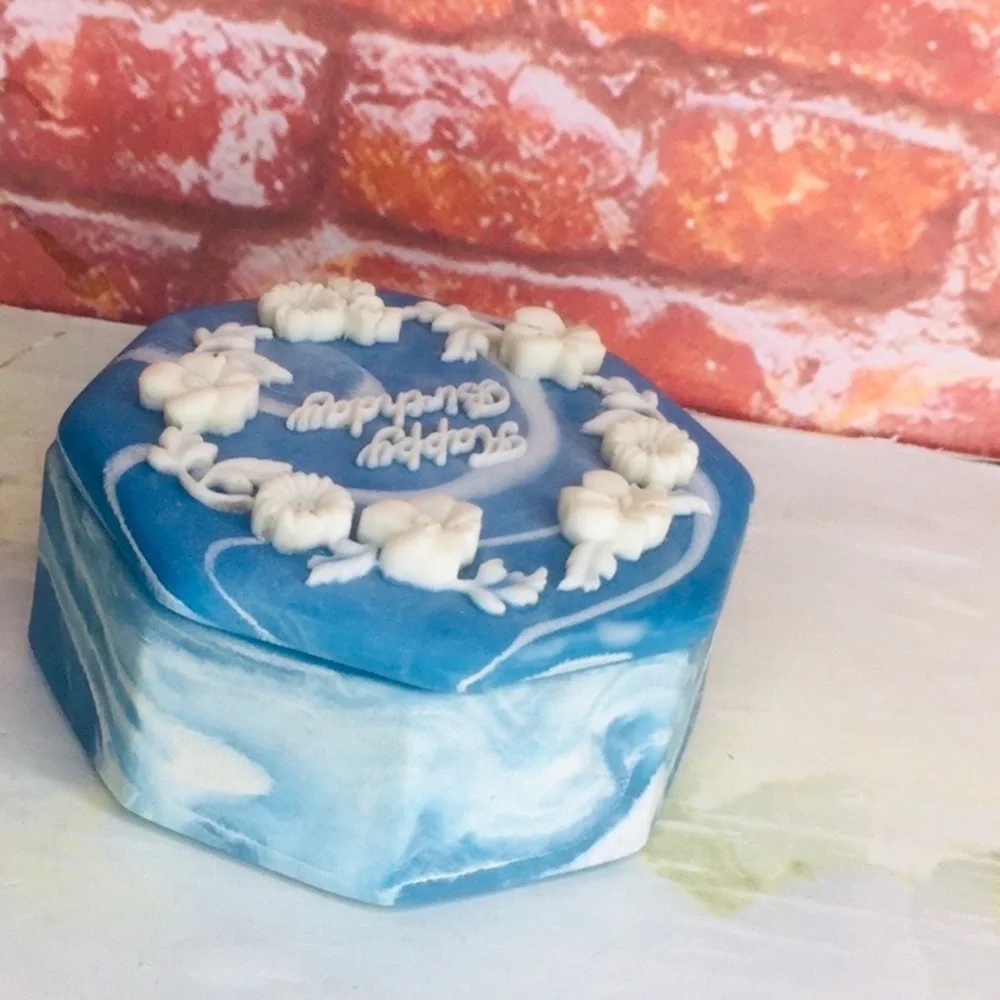 Vintage Blue and White Floral Embossed Happy Birthday Incolay Stone Trinket Box